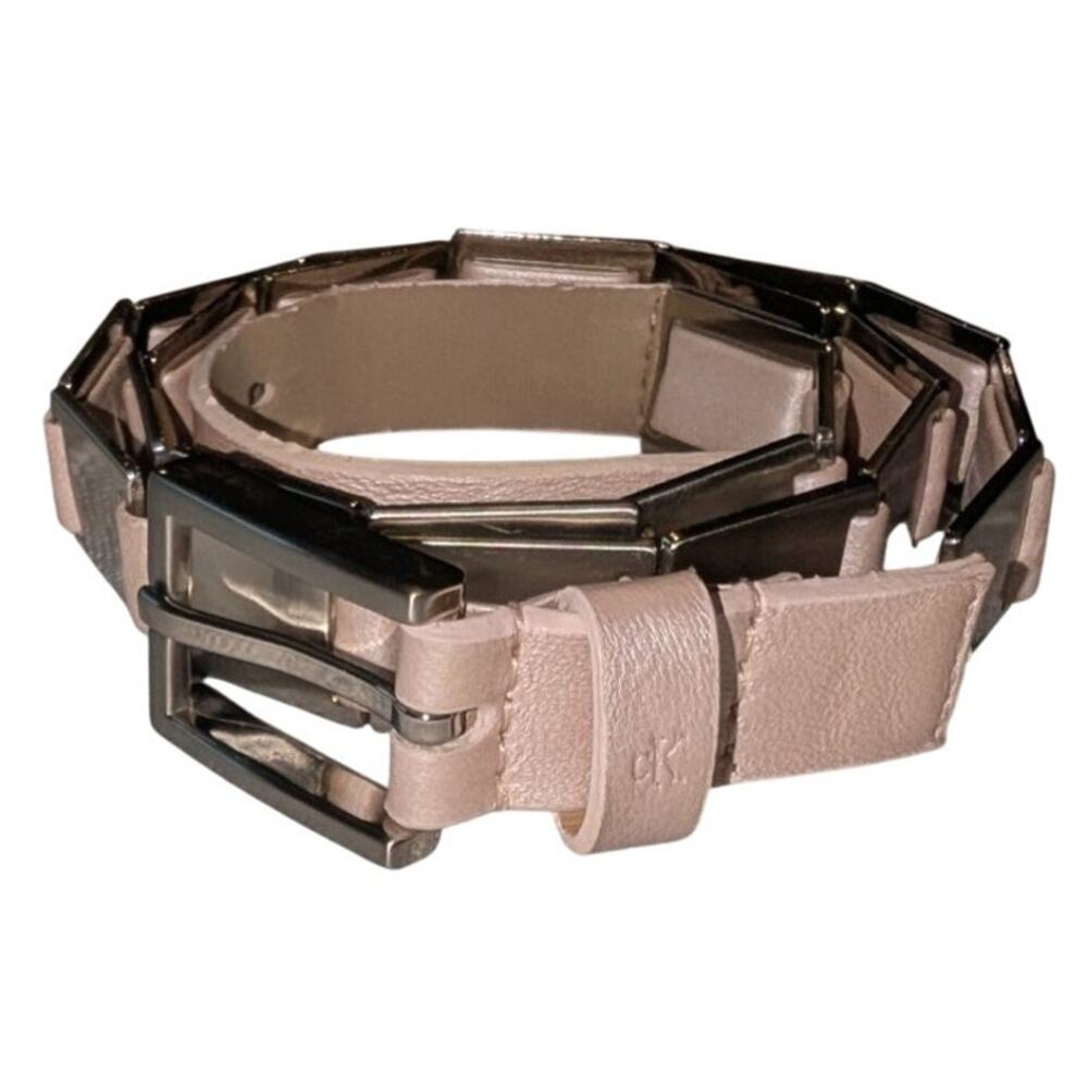 Womens Calvin Klein Pink Leather Chain‑Link Belt Size Large G54525 Silver Tone